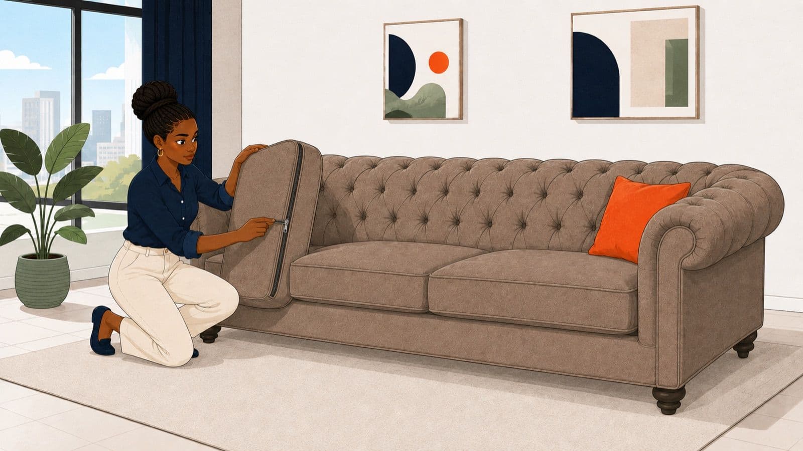 Tufting and seams on a second-hand Chesterfield sofa