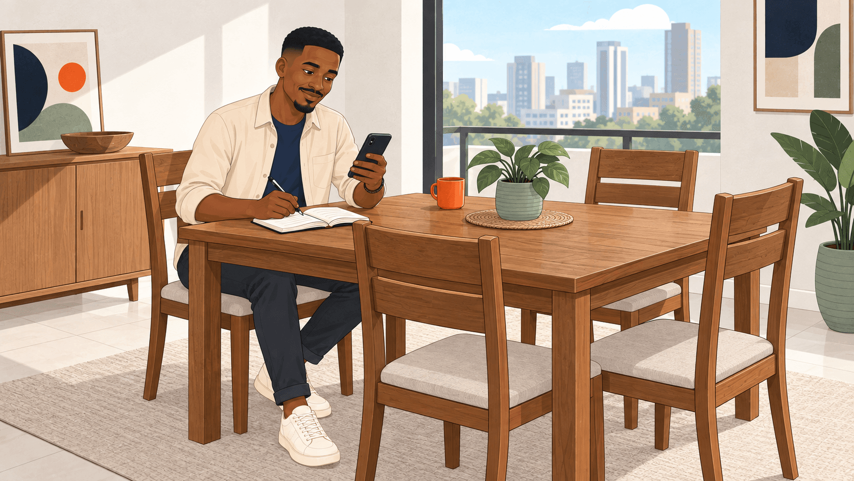 Baraka compares prices on his phone while preparing to price a second-hand wooden dining set.