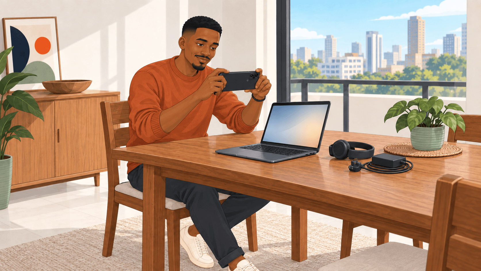 A 2D illustration of Baraka photographing a powered-on laptop, headphones and charger for a second-hand electronics listing in a bright Nairobi apartment.