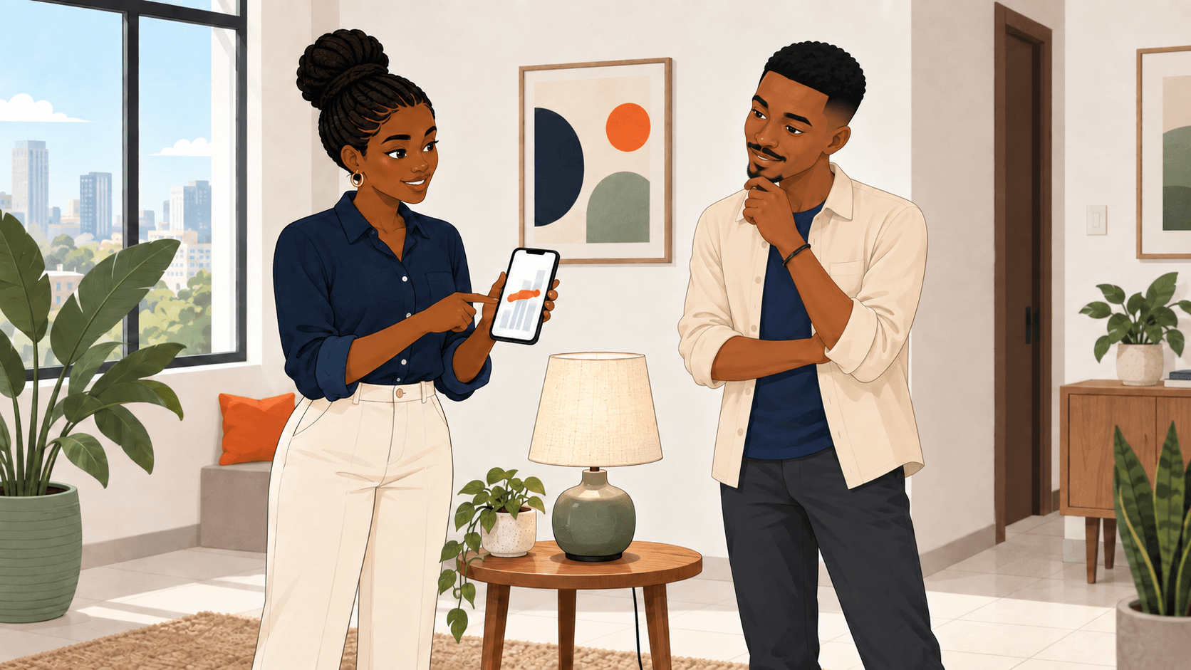 Amina and Baraka using a phone to consider the price of a second-hand table lamp.
