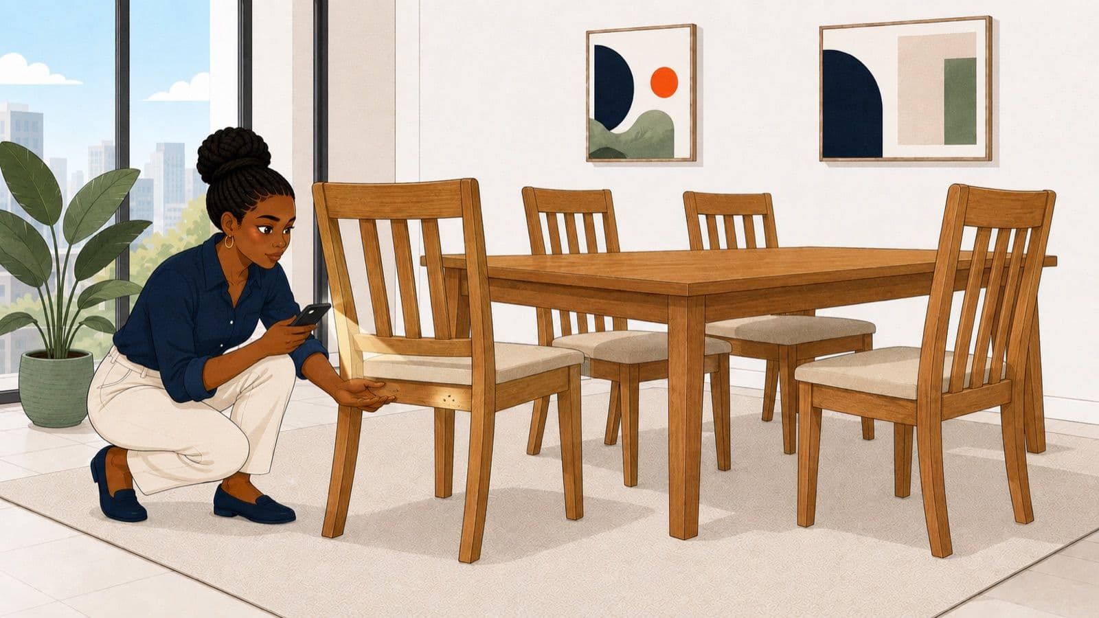 Second-hand wooden dining set being inspected for damage