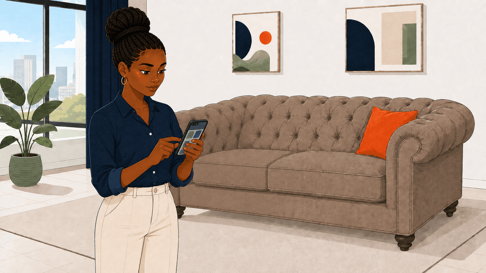 Kenyan buyer checking information on her phone beside a second-hand sofa.