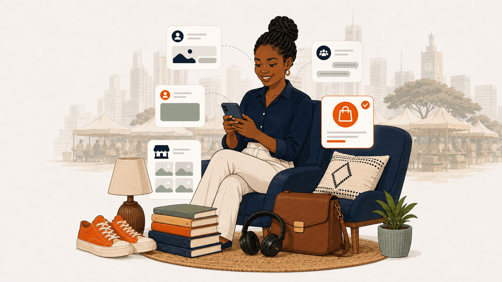 Kenyan woman selling second-hand items online, surrounded by pre-loved shoes, books, furniture and accessories, with the headline “Where to Sell Second-Hand Items in Kenya — 2026 Guide.”