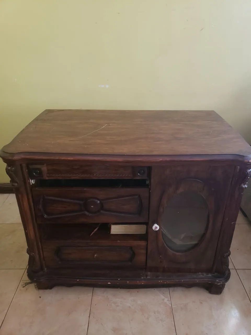 vintage dark-wood TV cabinet with 3 Dark nesting stools